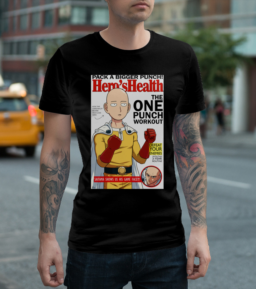 Hemo's Health the One Punch Workout Saitama Shows Us His Game Face Defeat Your Enemies with This 3-Year Routine T-Shirt