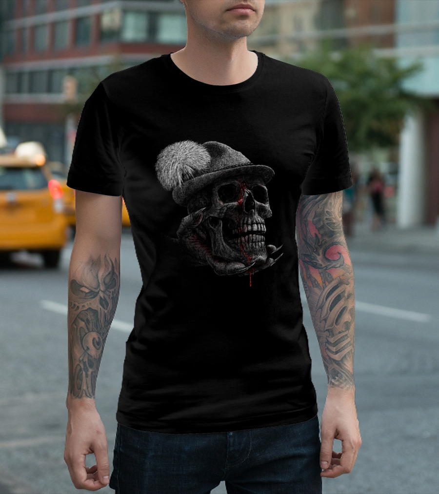 HUNTERS WILL BE HUNTED Skull in Hat with Fur Pom and Claw Marks T-Shirt