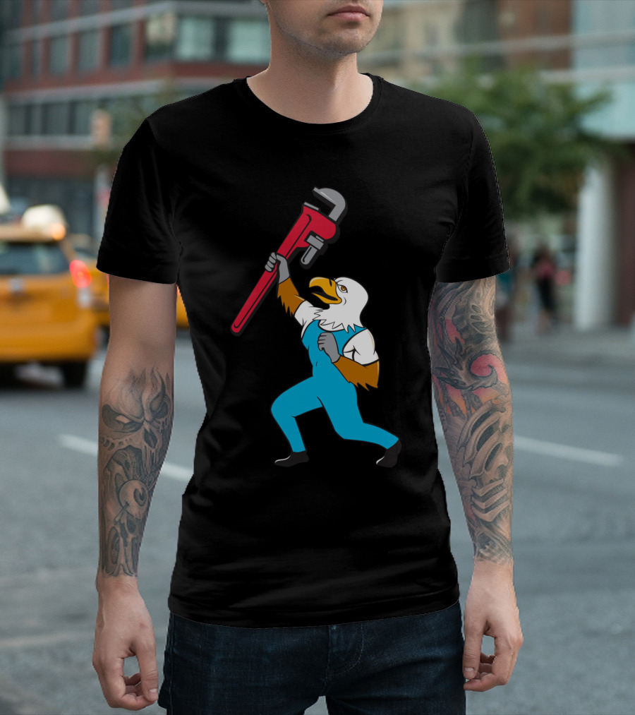 Plumber Eagle Holding Pipe Wrench Cartoon T-Shirt