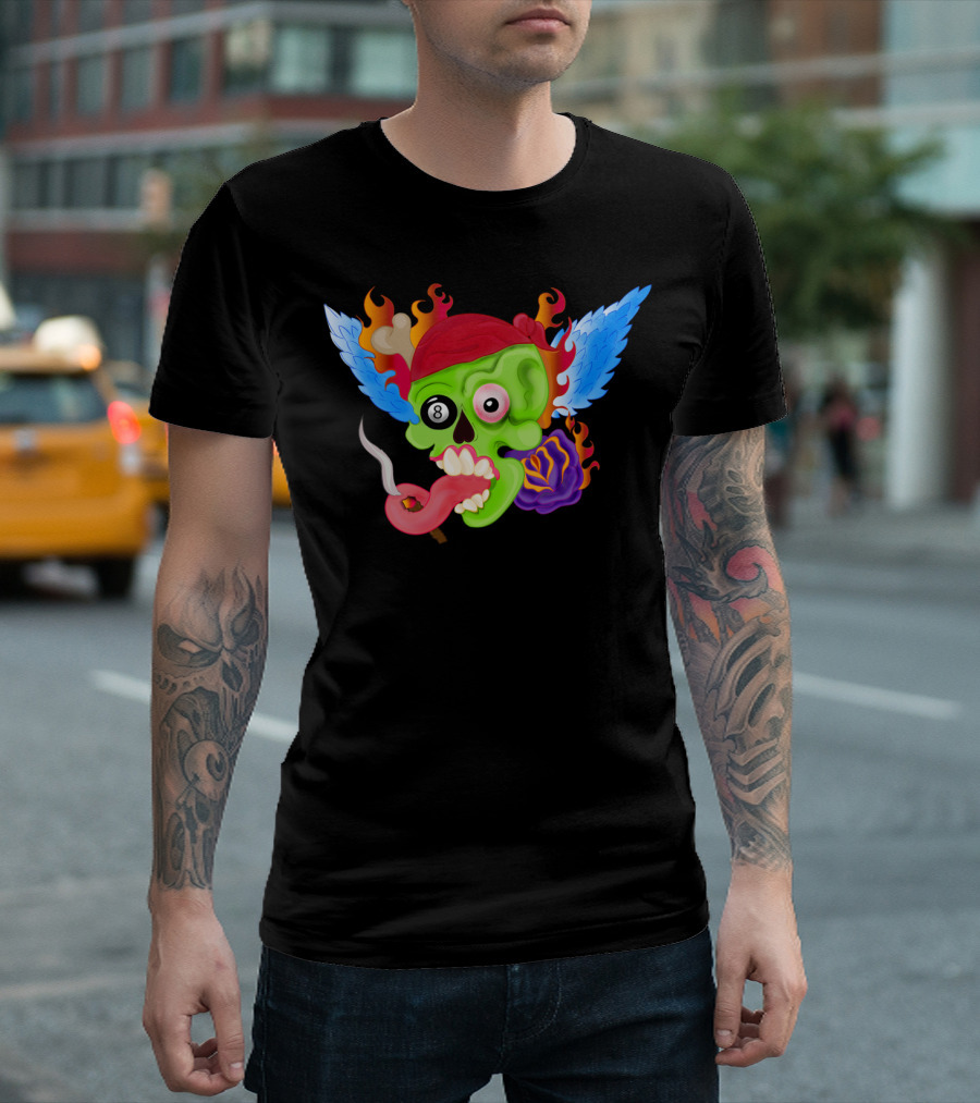 Mask Skull Eight Ball Flaming Wings T-Shirt