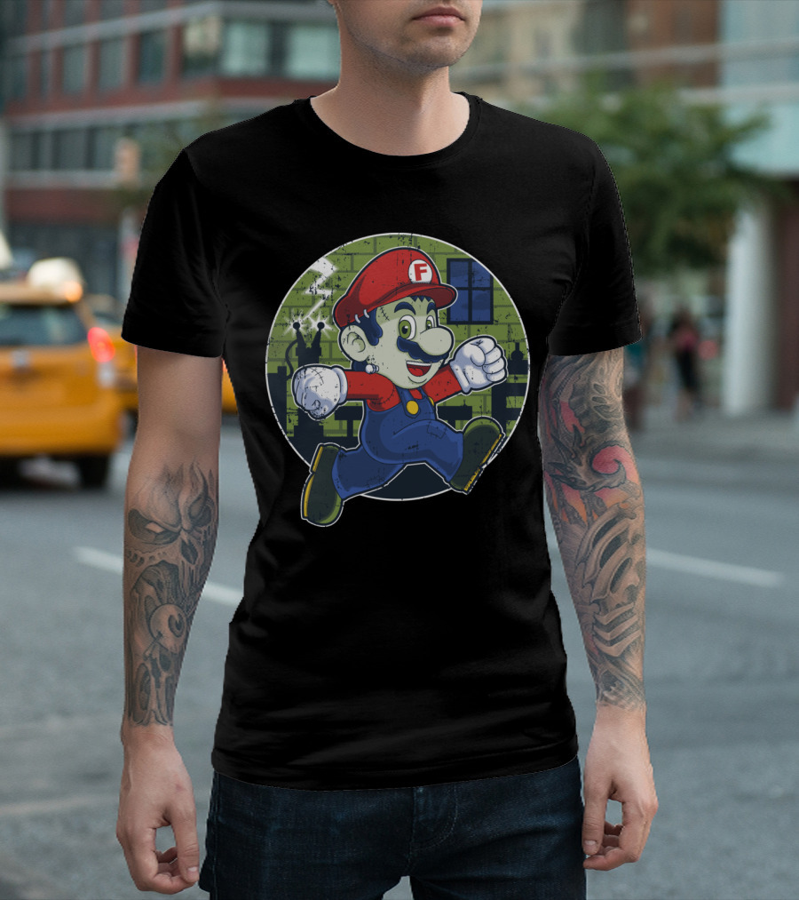 Plumber Franky Running Retro Style With Red Hat And Blue Overalls T-Shirt