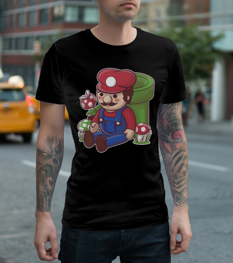 Plumber Toy Character Sitting With Mushrooms And Pipe T-Shirt