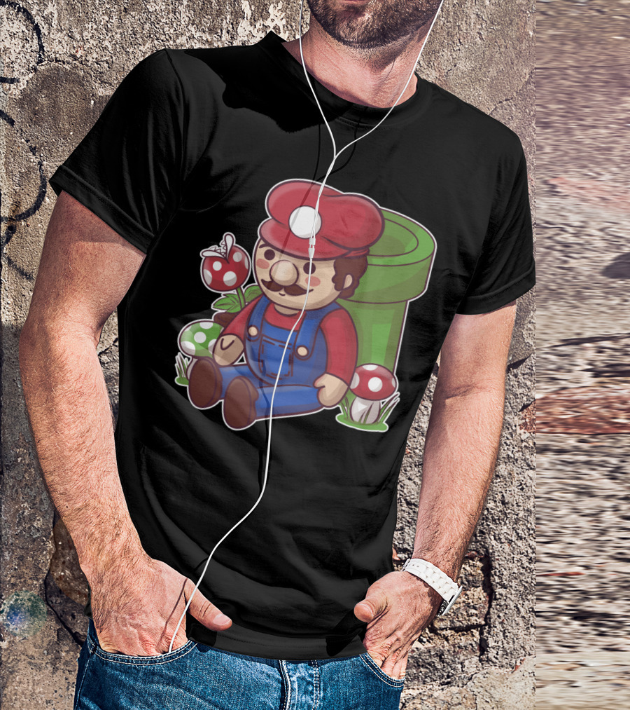 Plumber Toy Character Sitting With Mushrooms And Pipe T-Shirt
