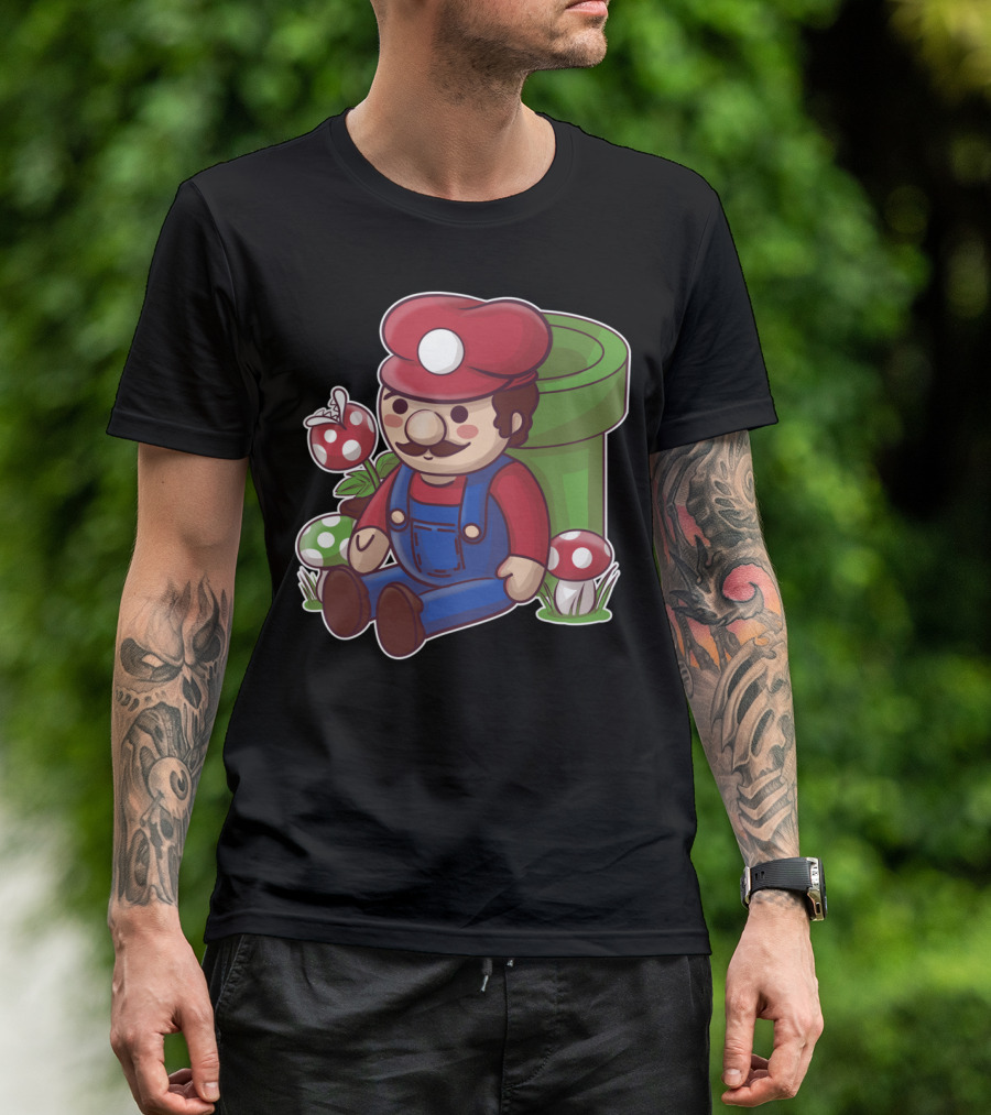 Plumber Toy Character Sitting With Mushrooms And Pipe T-Shirt