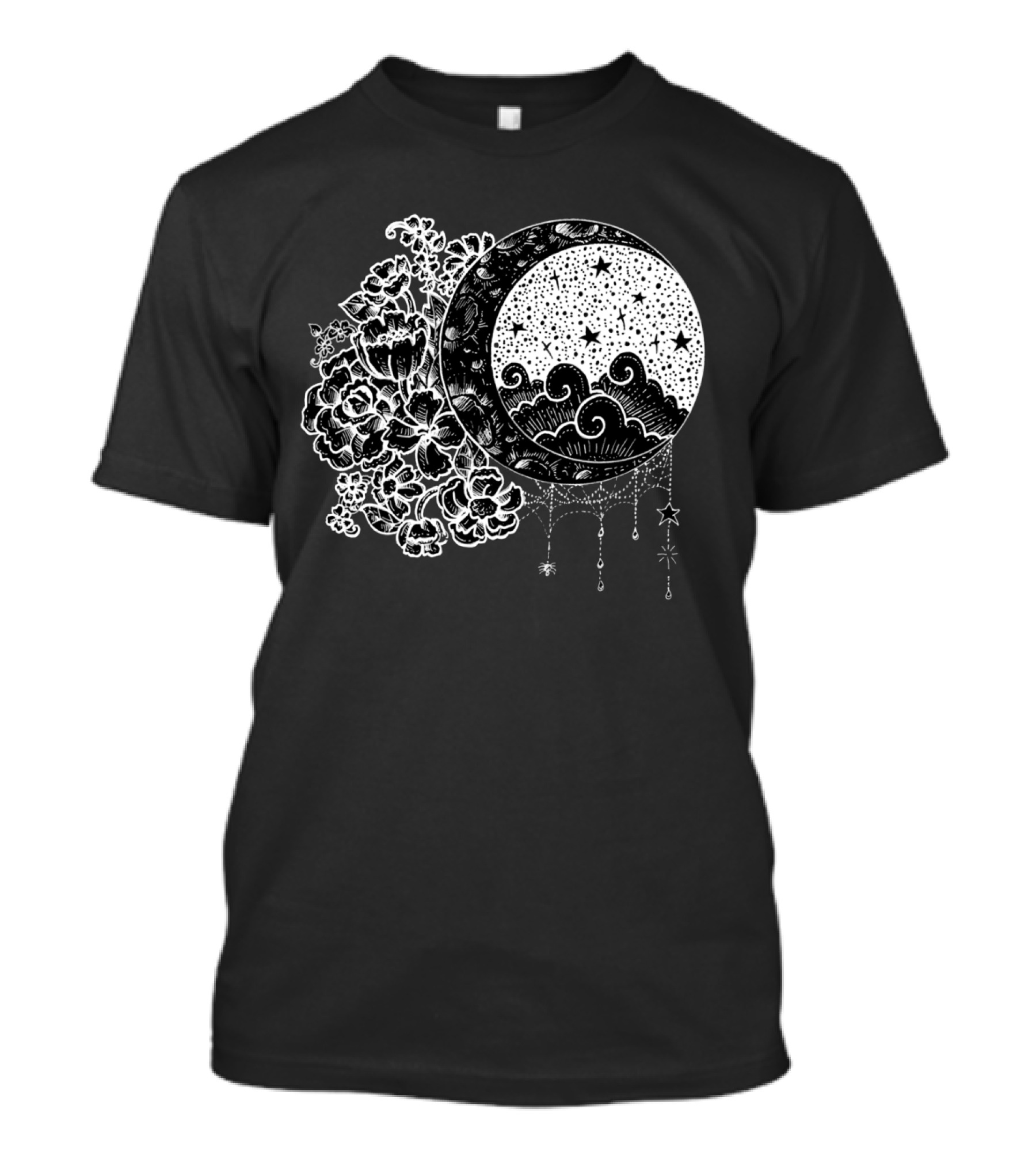 Moonlight Blooms Inverted Moon And Stars T-Shirt