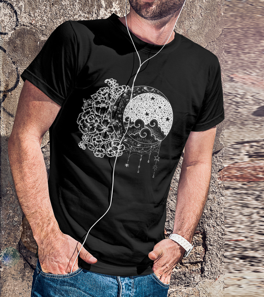 Moonlight Blooms Inverted Moon And Stars T-Shirt