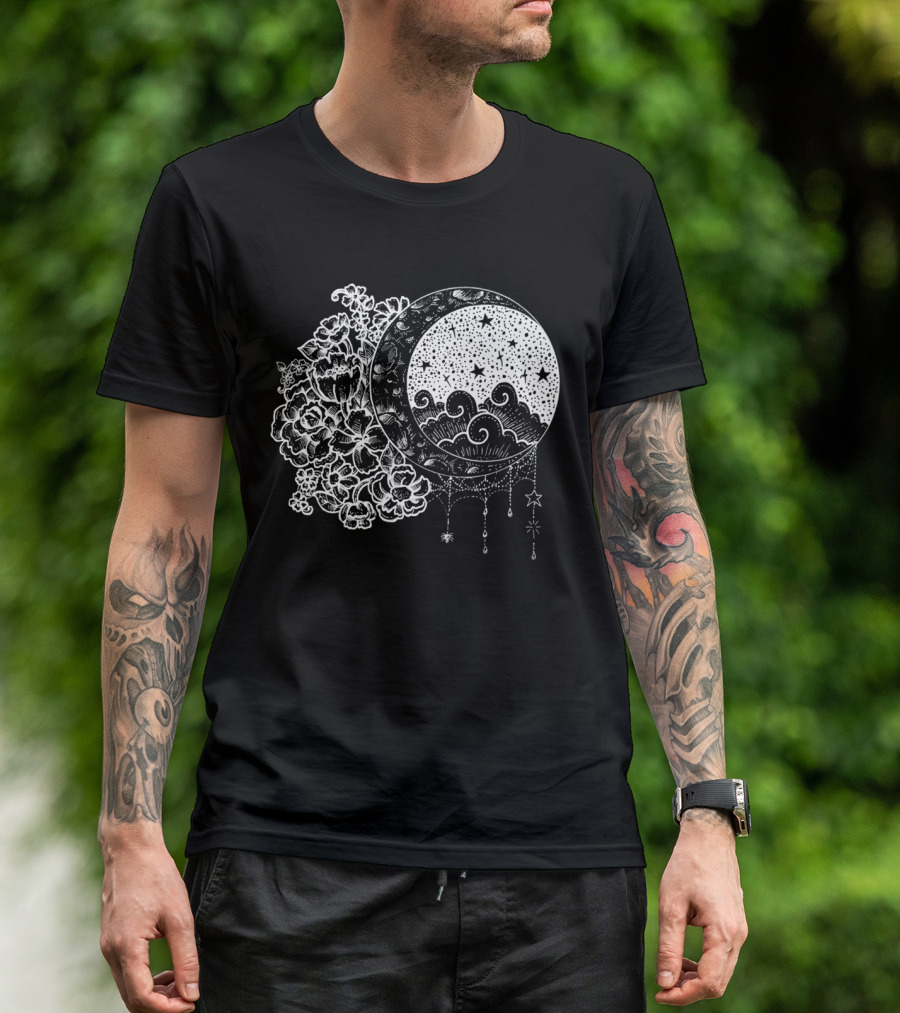 Moonlight Blooms Inverted Moon And Stars T-Shirt