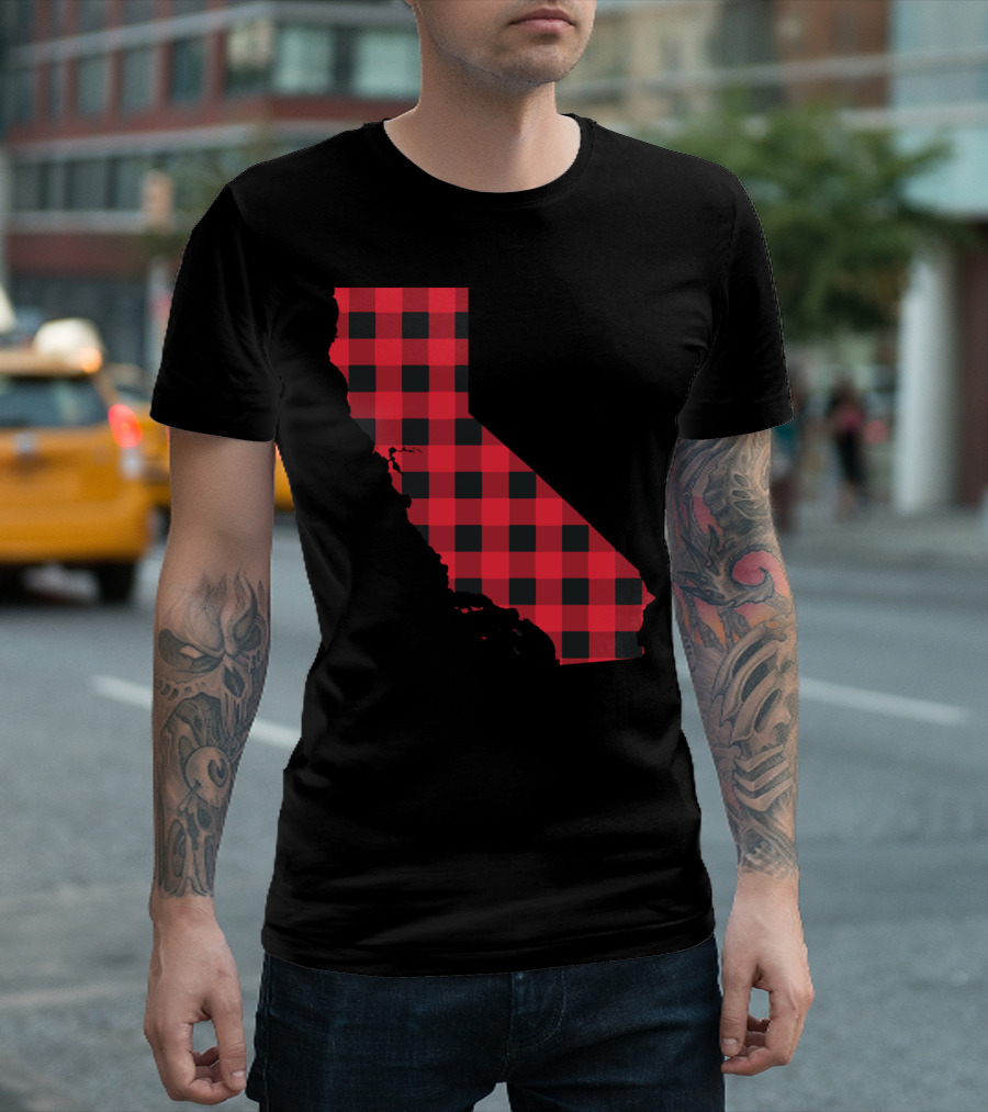 Red And Black Checkered California Silhouette Map T-Shirt