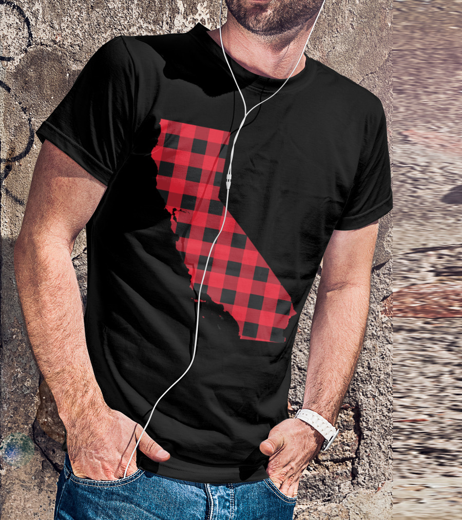 Red And Black Checkered California Silhouette Map T-Shirt