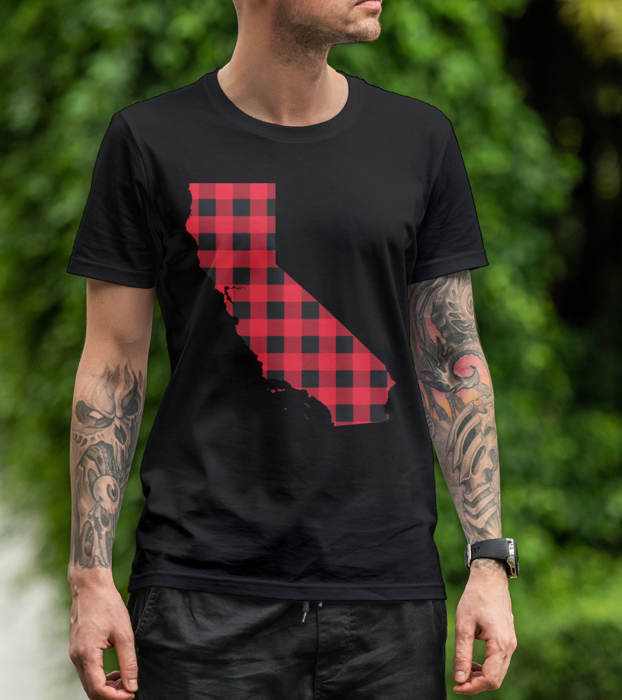 Red And Black Checkered California Silhouette Map T-Shirt