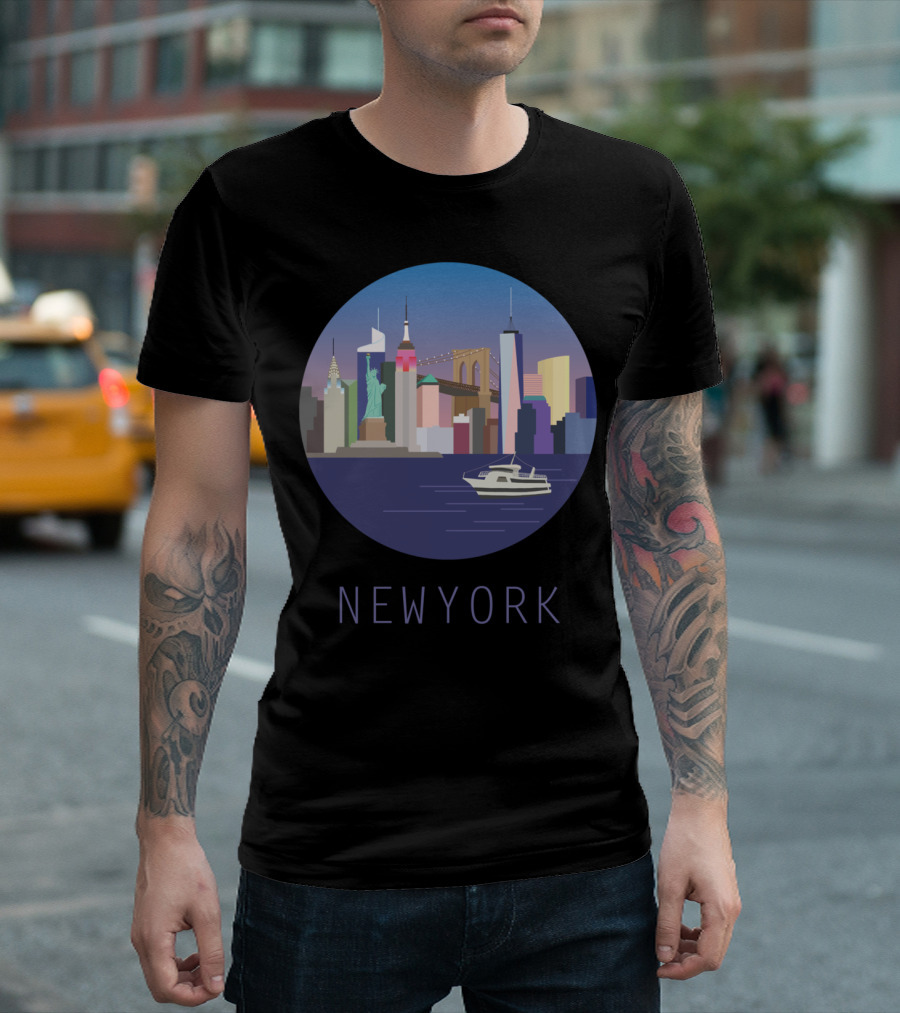 New York Skyline with Statue of Liberty and Brooklyn Bridge T-Shirt