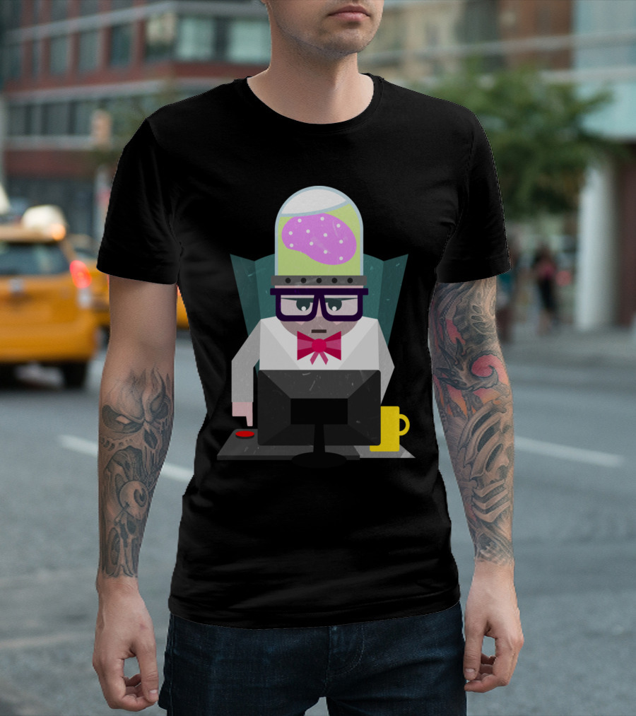 Web Developer Brain in a Jar Computer Character with Pink Brain and Coffee Mug T-Shirt