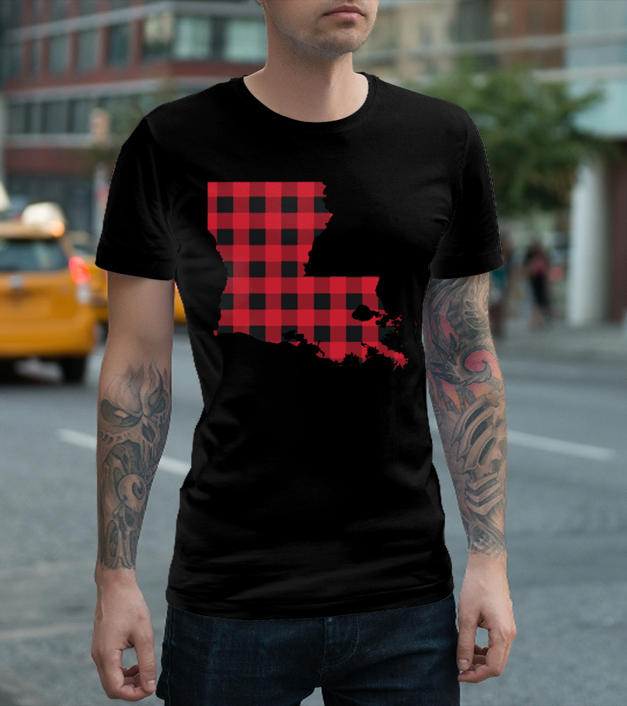 Red And Black Checkered Louisiana Map T-Shirt