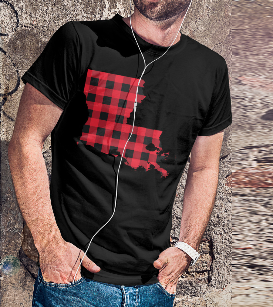 Red And Black Checkered Louisiana Map T-Shirt