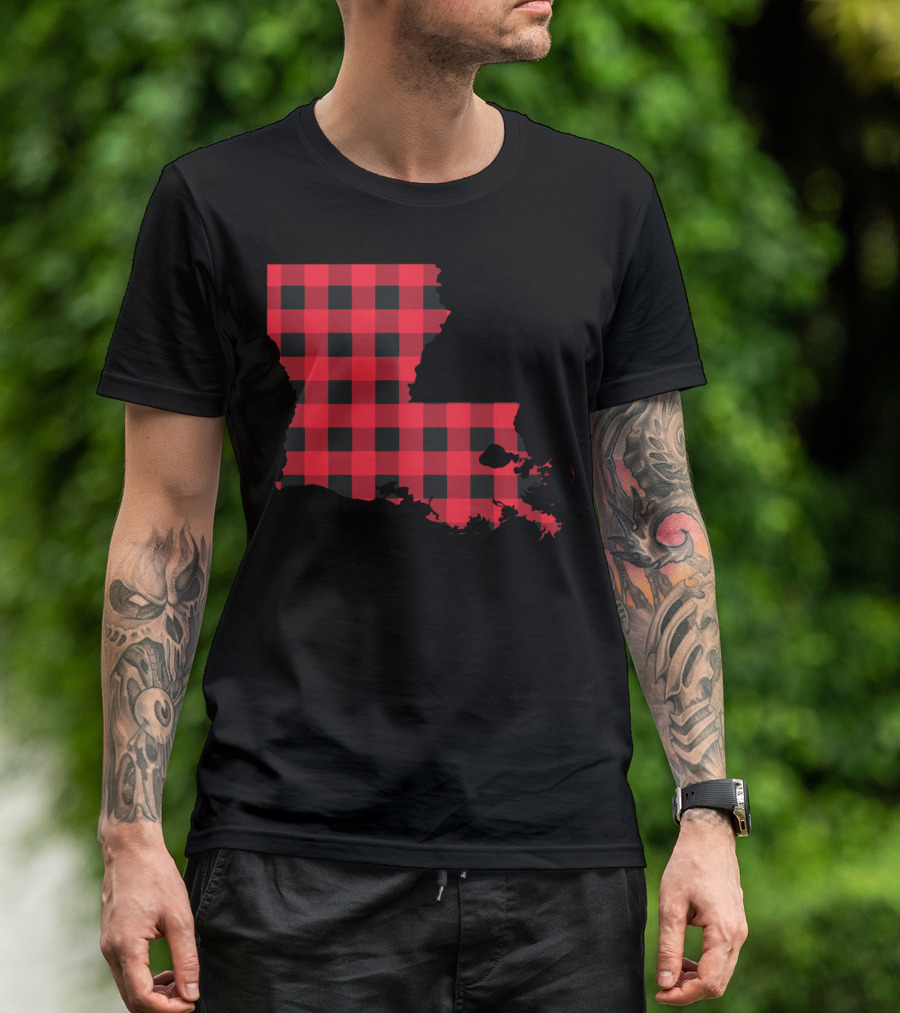 Red And Black Checkered Louisiana Map T-Shirt