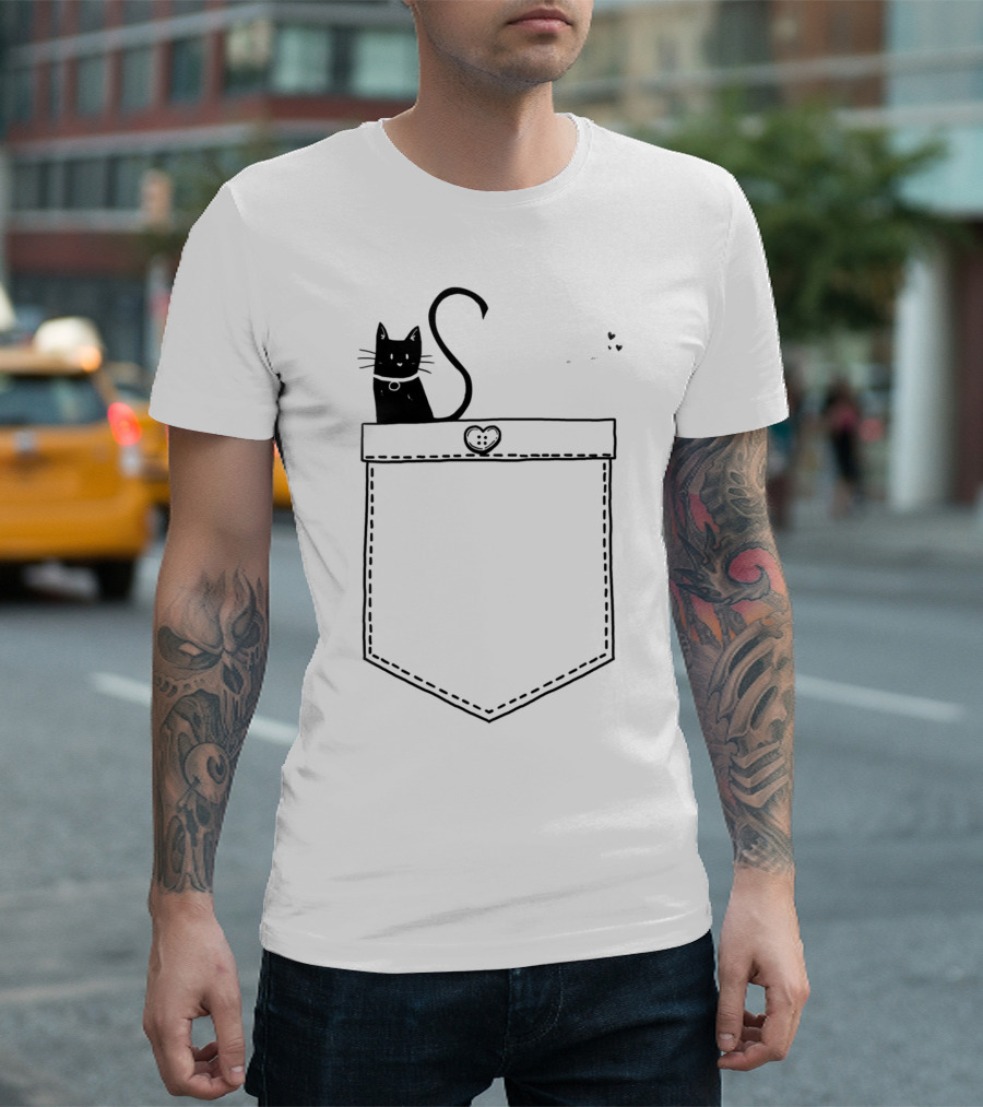 Pocket Lovers Black and White Cats with Heart Tails T-Shirt