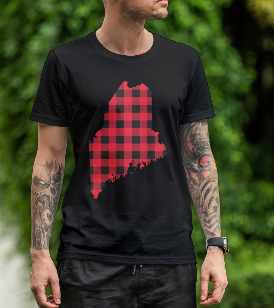 Maine State Silhouette Red And Black Buffalo Checkered T-Shirt