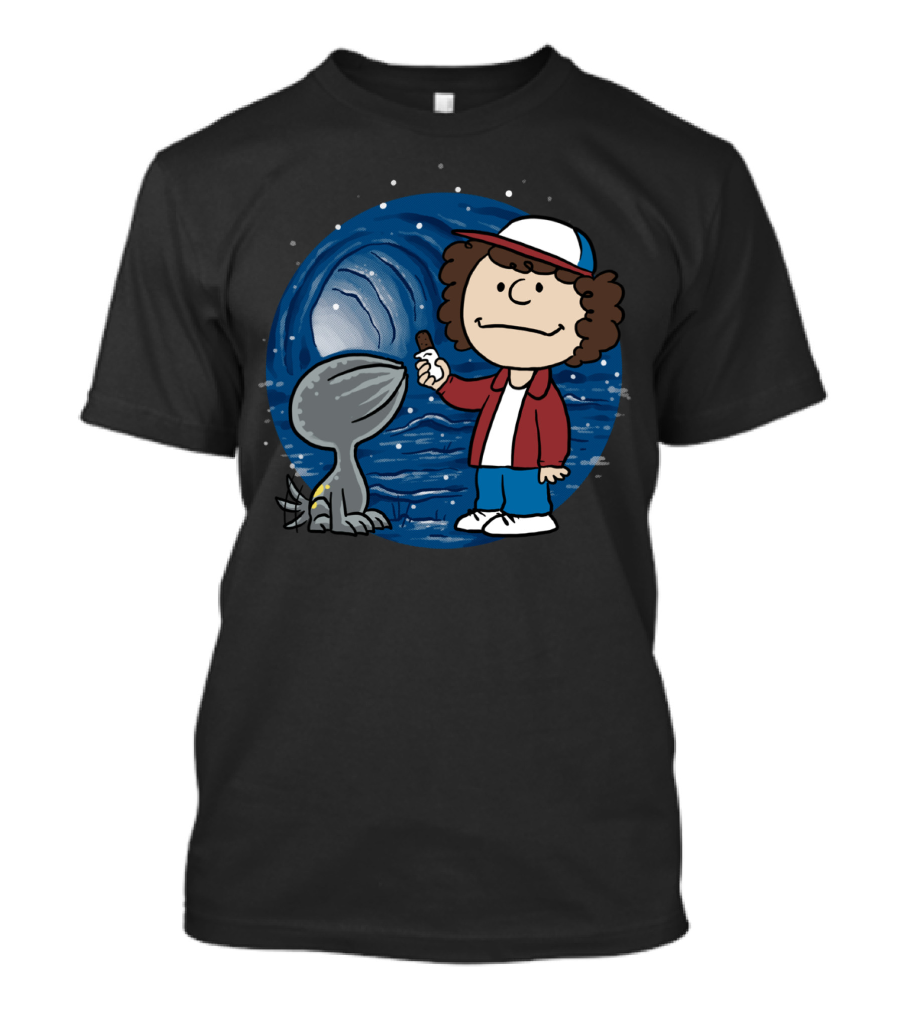 Stranger Pet Encounter In Starry Tunnel With Cartoon Boy And Creature T-Shirt