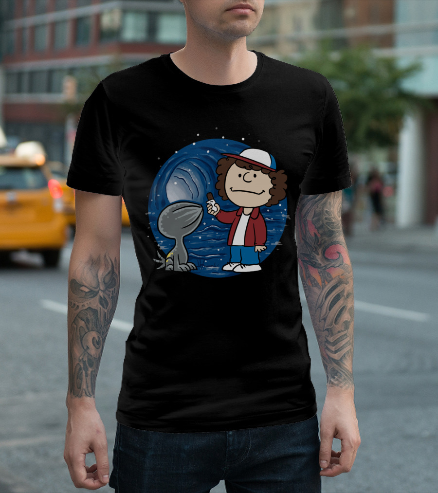 Stranger Pet Encounter In Starry Tunnel With Cartoon Boy And Creature T-Shirt