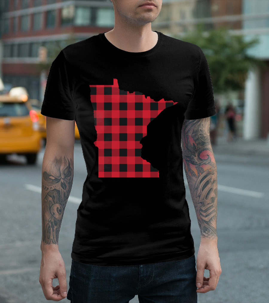 Red And Black Checkered Outline Of Minnesota T-Shirt