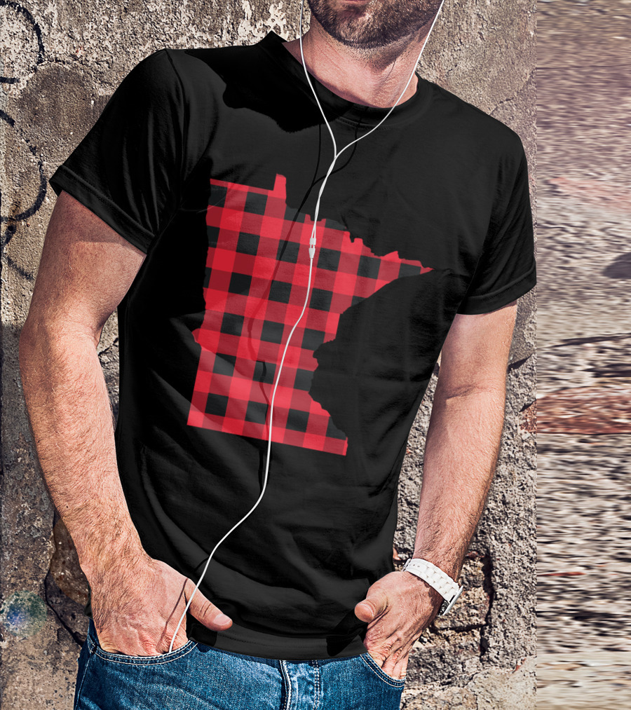 Red And Black Checkered Outline Of Minnesota T-Shirt