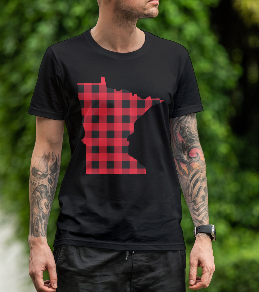 Red And Black Checkered Outline Of Minnesota T-Shirt