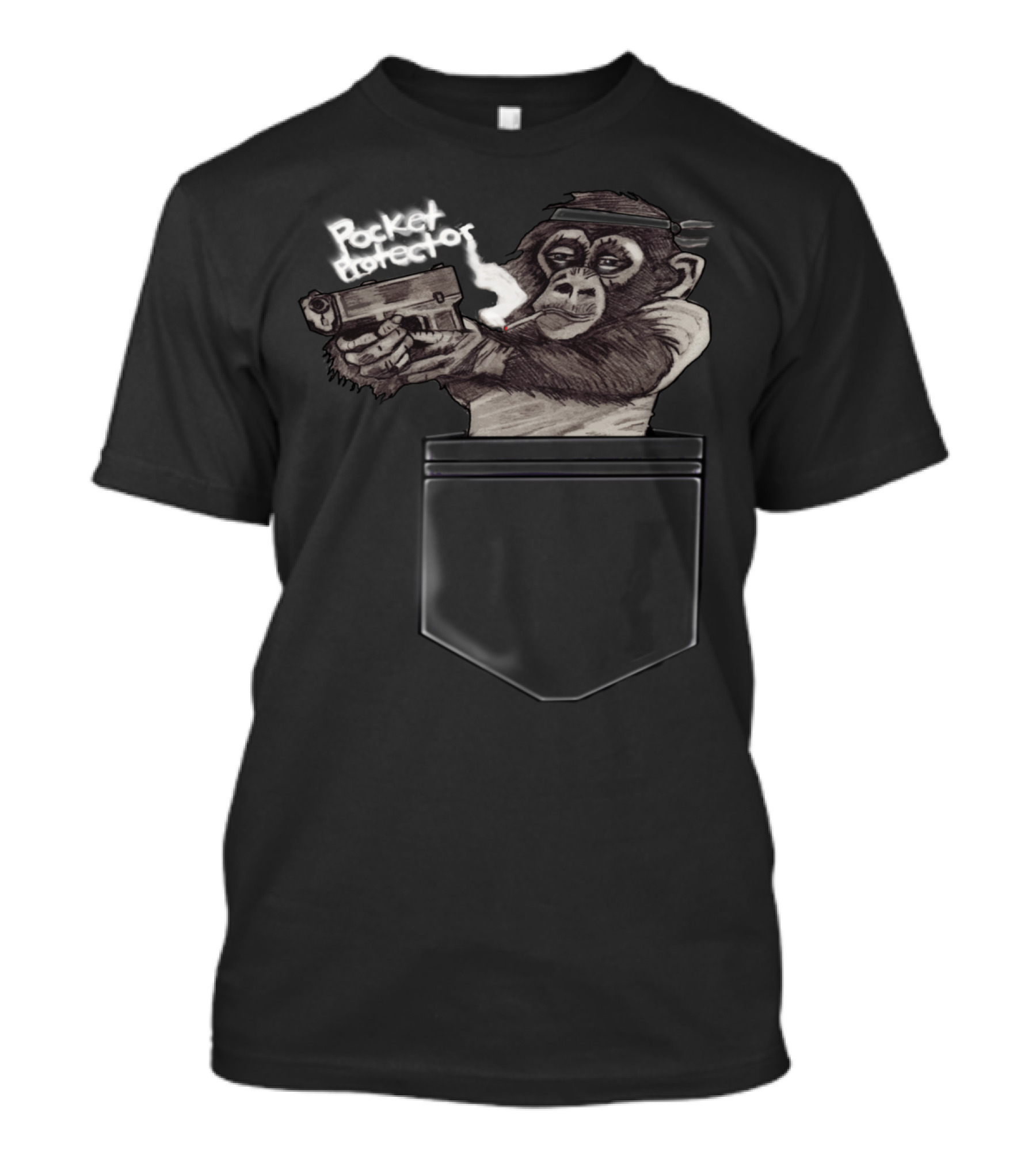 Pocket Protector Smoking Ape With Gun T-Shirt
