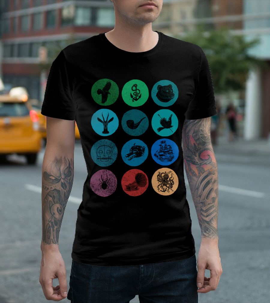 Weird Collector Icons: Owl, Anchor, Bear, Antelope, Pipe, Bird, Mask, Dragon, Ship, Spider, Gramophone, Octopus T-Shirt