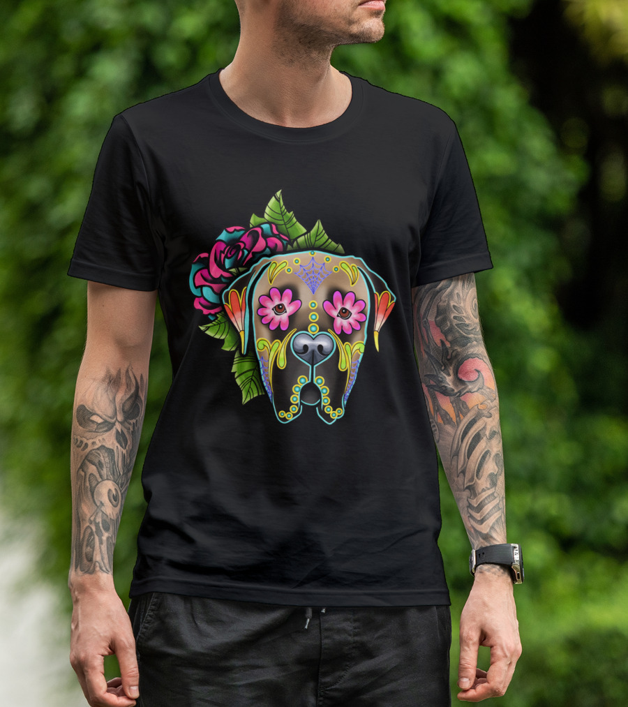 Fawn Mastiff Day Of The Dead Sugar Skull Floral T-Shirt