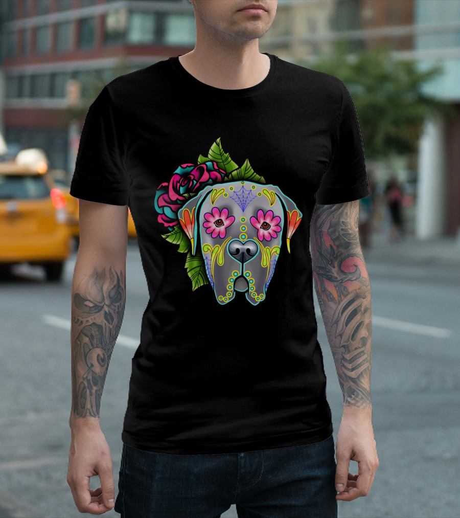 Mastiff Grey Day Of The Dead Sugar Skull With Flowers T-Shirt