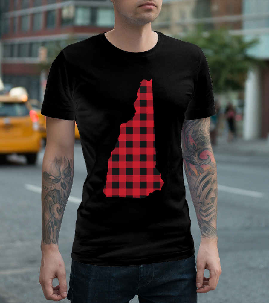 Red Black Checkered New Hampshire Plaid Pattern Map T-Shirt