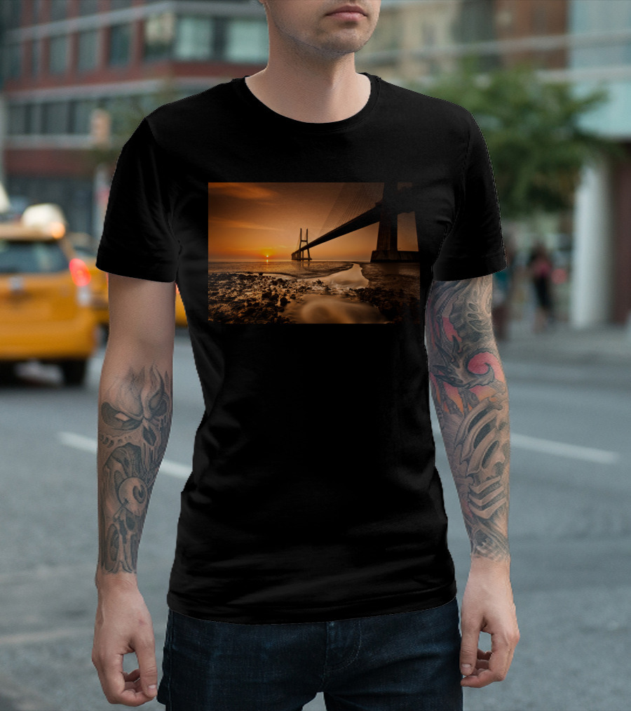 Morning Star Sunrise Over Bridge and Waterway Scene T-Shirt