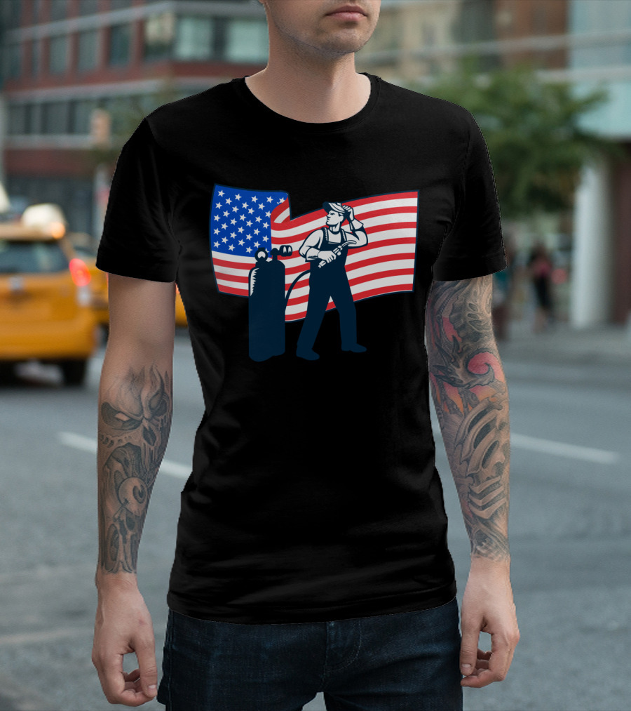 Welder Visor Up American Flag Waving USA T-Shirt