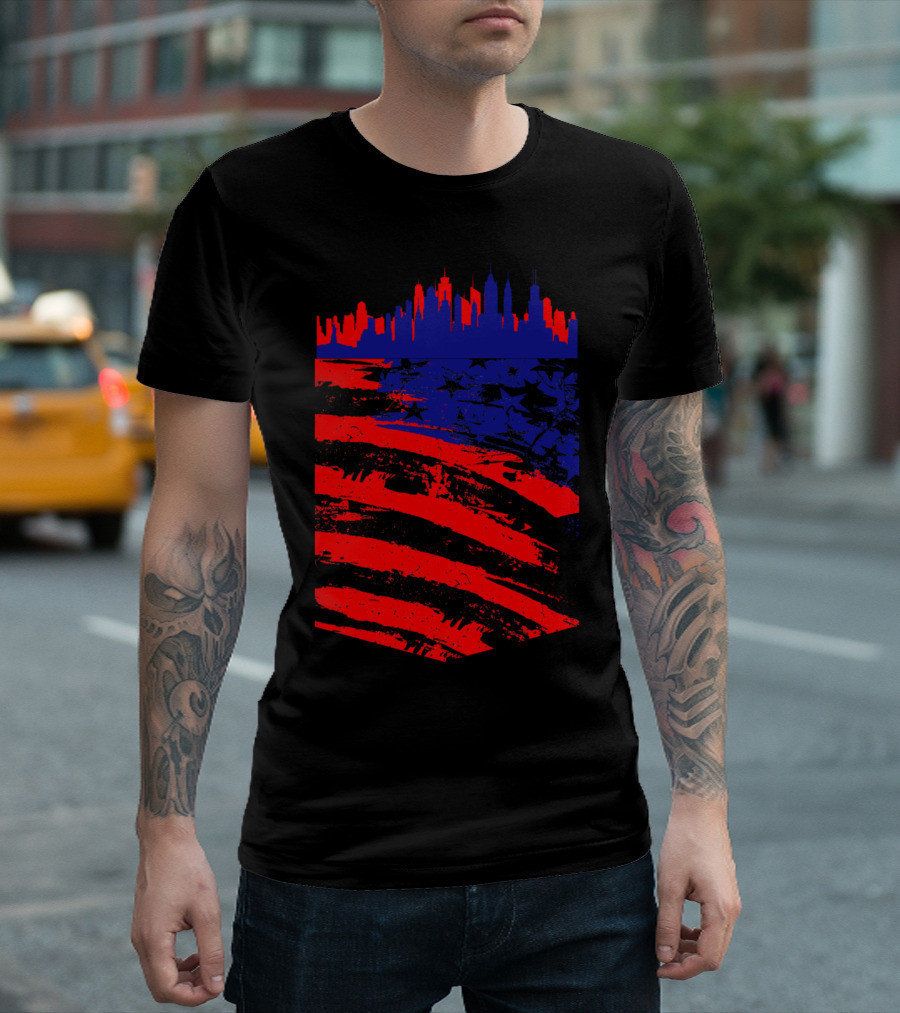 Pocket American Flag Skyline Red Blue Stripes T-Shirt