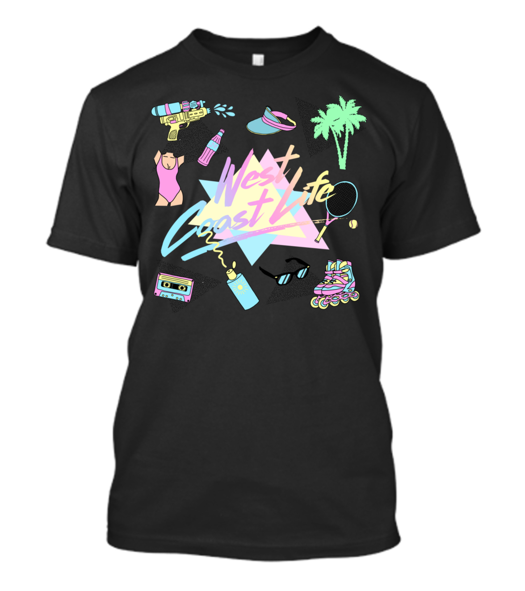 West Coast Life Retro Neon Beach Vibes Roller Skates And Palm Trees T-Shirt
