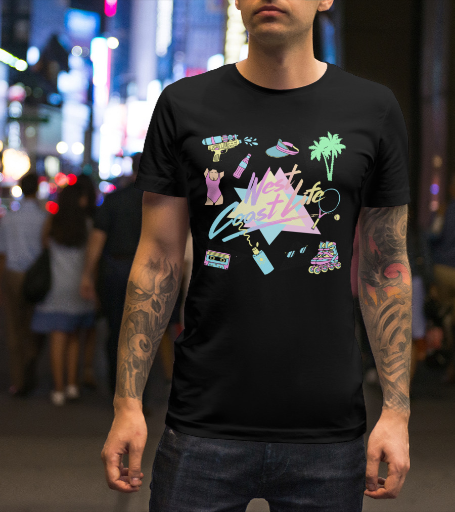 West Coast Life Retro Neon Beach Vibes Roller Skates And Palm Trees T-Shirt