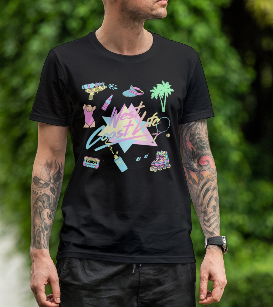 West Coast Life Retro Neon Beach Vibes Roller Skates And Palm Trees T-Shirt