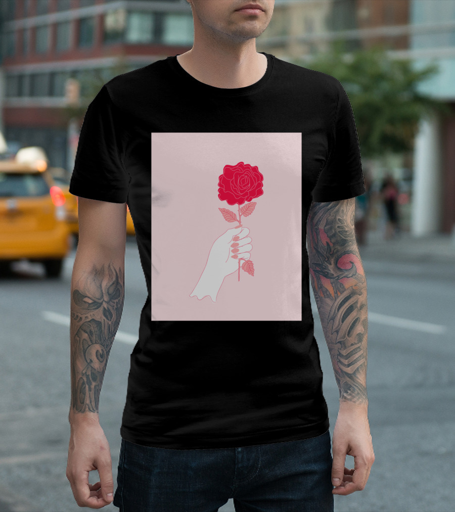 Feminist Rose Hand Holding Red Flower on Pink Background T-Shirt