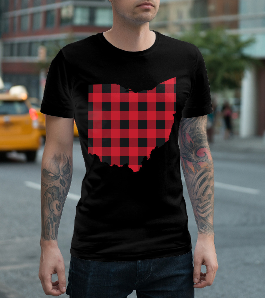 Red and Black Checkered Ohio Buffalo Plaid State Shape T-Shirt