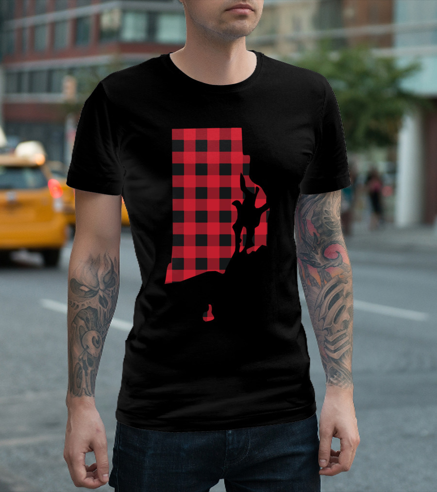 Red And Black Checkered Rhode Island Plaid State Silhouette With Rock Climber T-Shirt