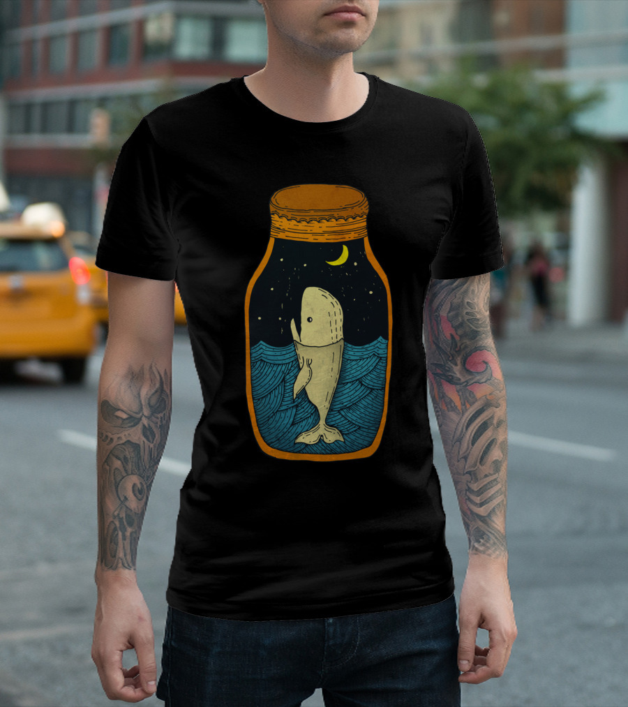 Whale In The Bottle Under Starry Night Sky With Crescent Moon In Ocean Jar T-Shirt