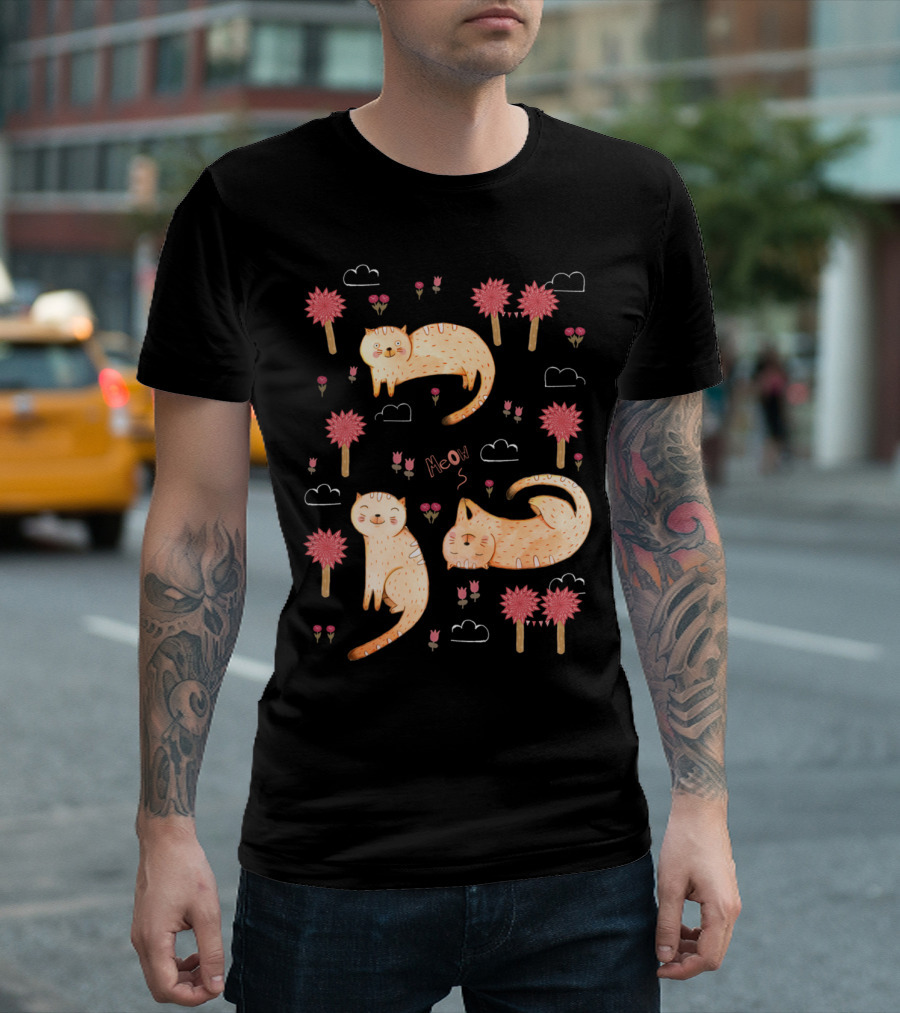 Orange Cat Meow Clouds Flowers Whimsical T-Shirt