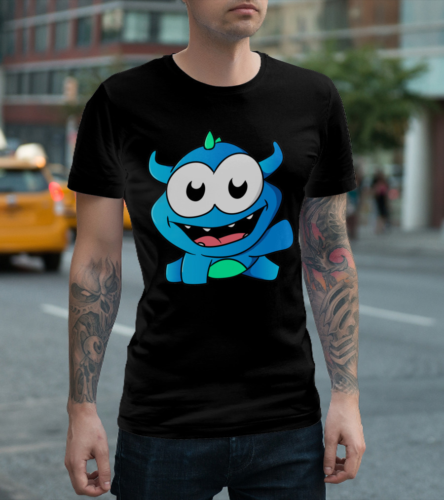 Little Blue Cartoon Dragon Character with Horns and Big Eyes T-Shirt