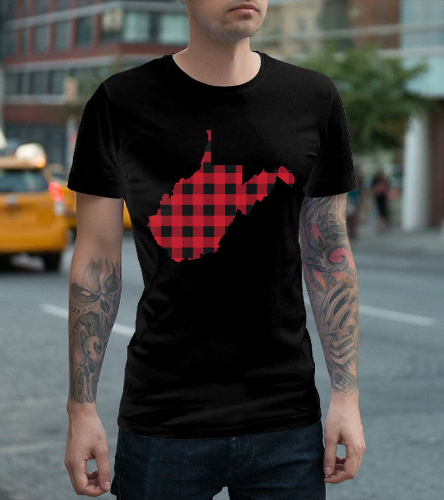 Red And Black Checkered West Virginia State Outline T-Shirt