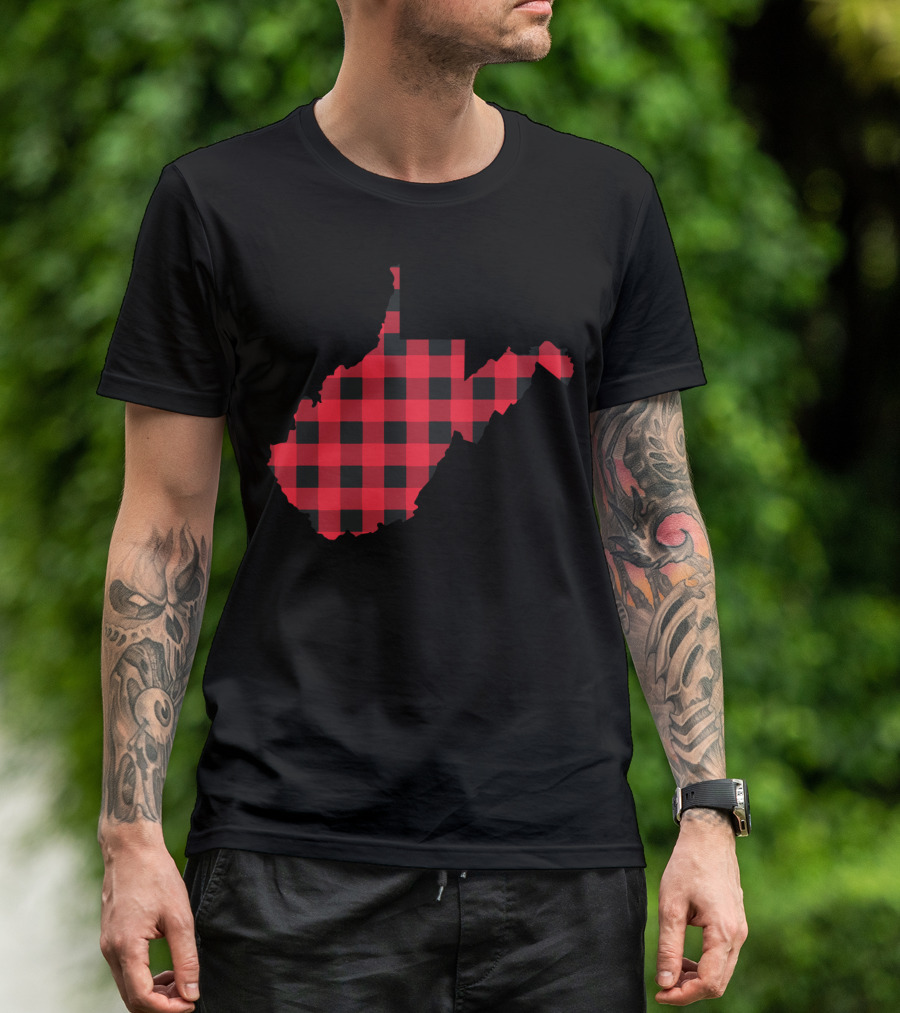 Red And Black Checkered West Virginia State Outline T-Shirt