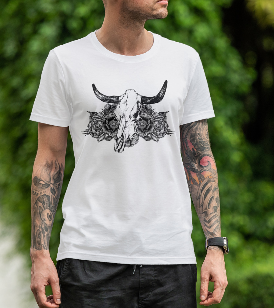 Cow Skull And Floral Arrangement In Gothic T-Shirt