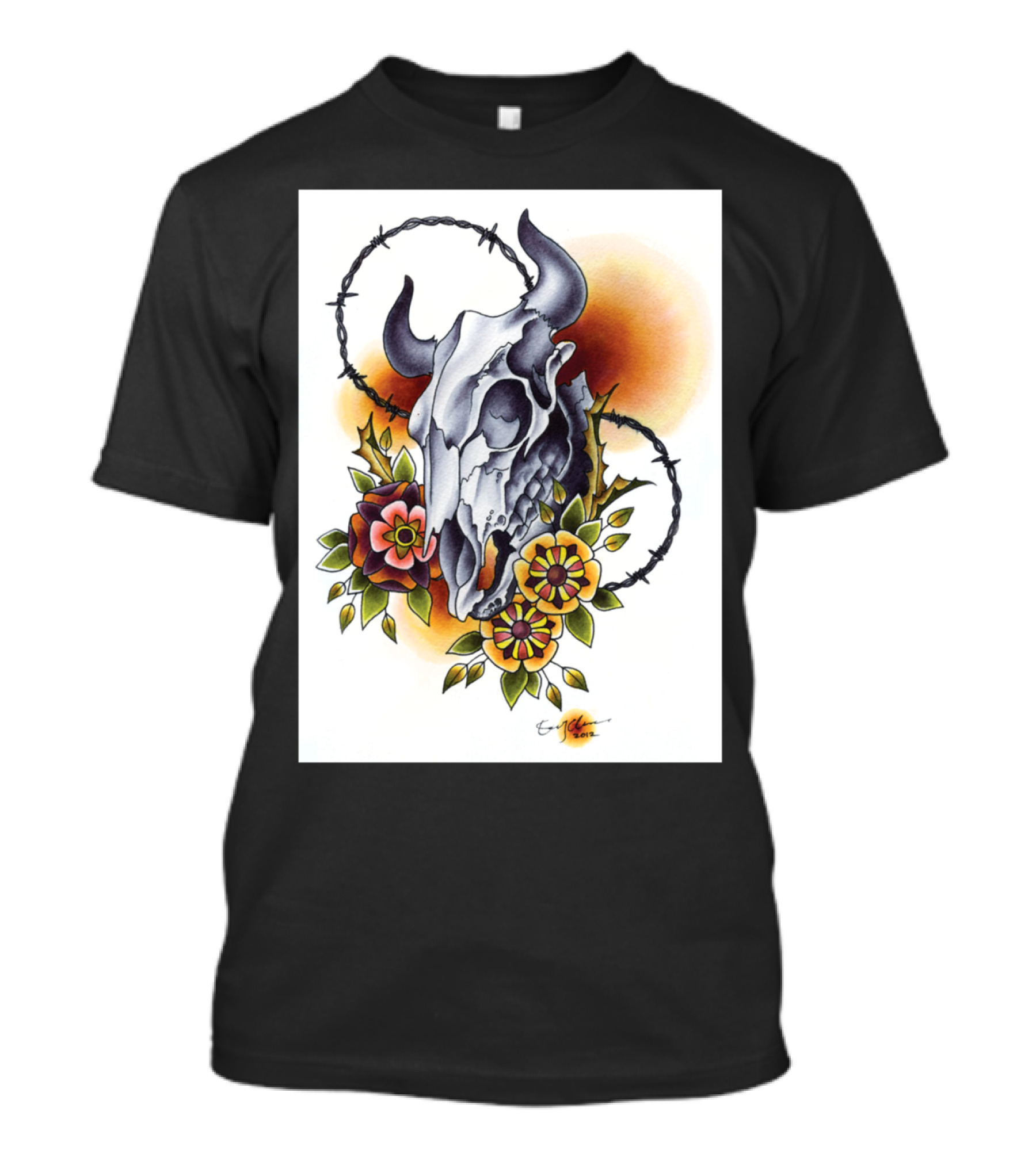 Cow Skull Floral Barbed Wire Art By Ern Mancini T-Shirt