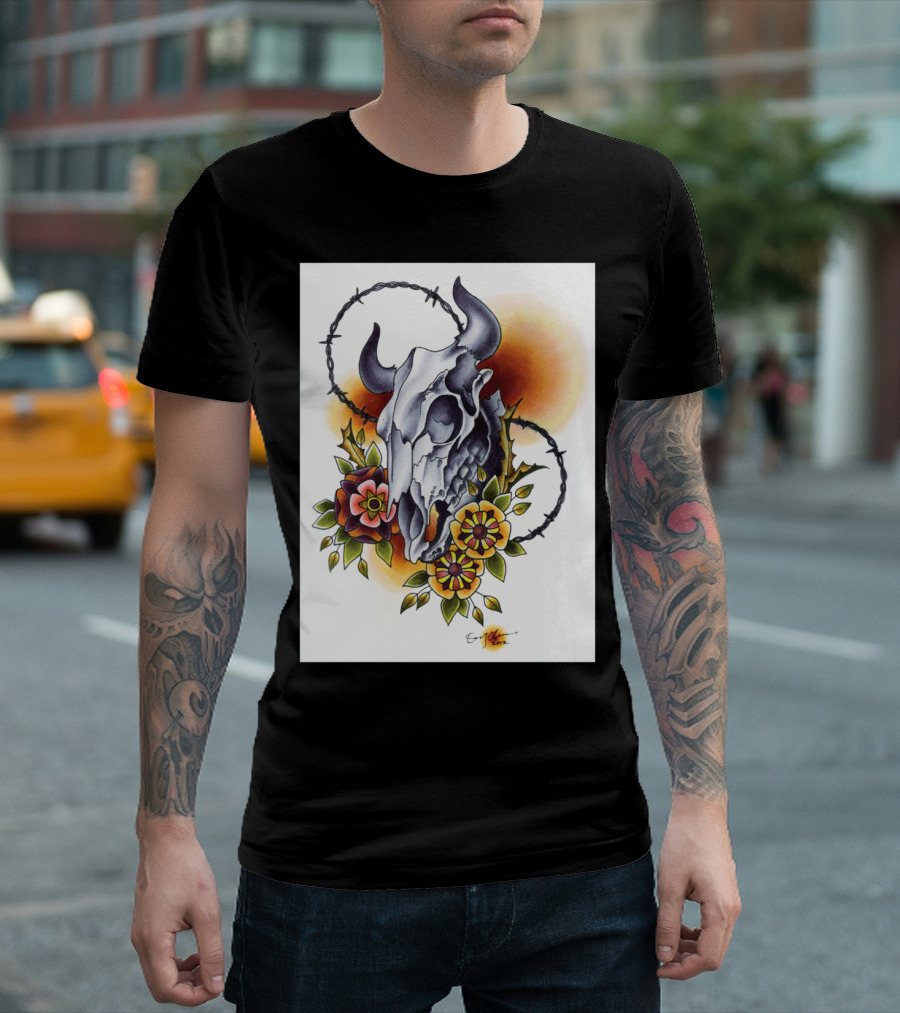 Cow Skull Floral Barbed Wire Art By Ern Mancini T-Shirt