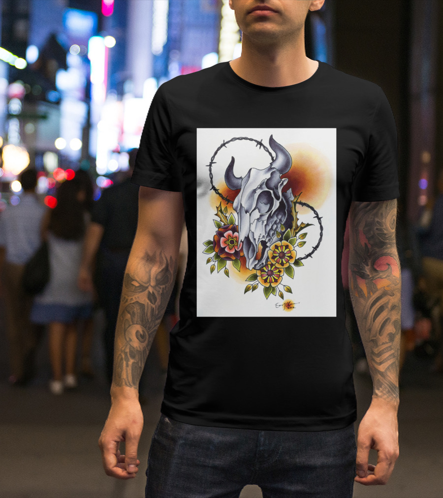 Cow Skull Floral Barbed Wire Art By Ern Mancini T-Shirt