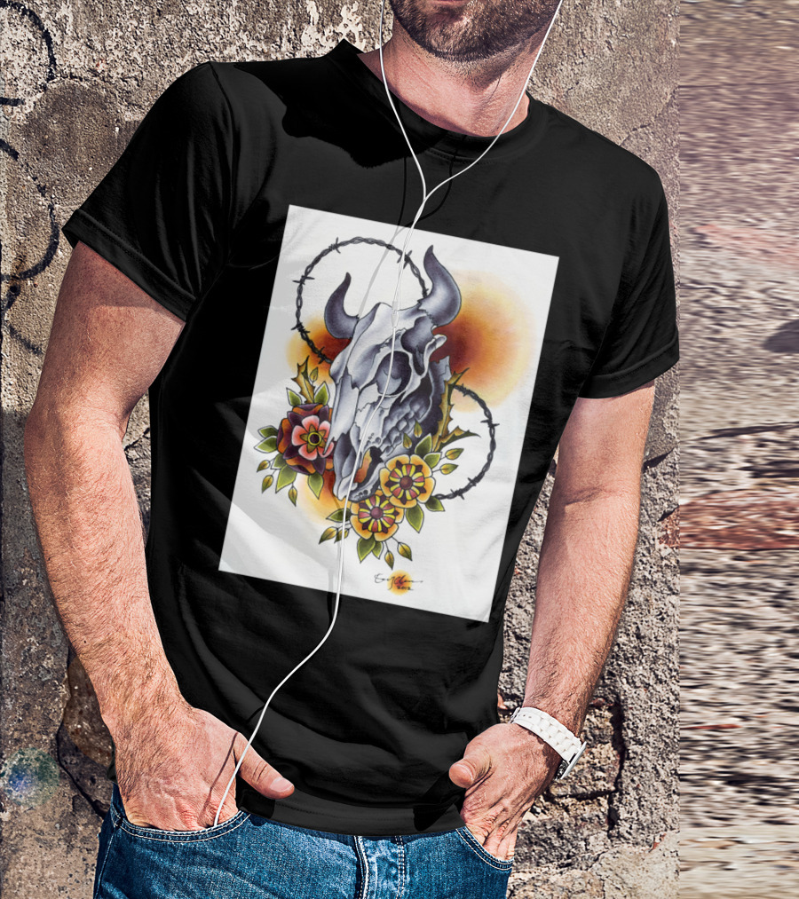 Cow Skull Floral Barbed Wire Art By Ern Mancini T-Shirt